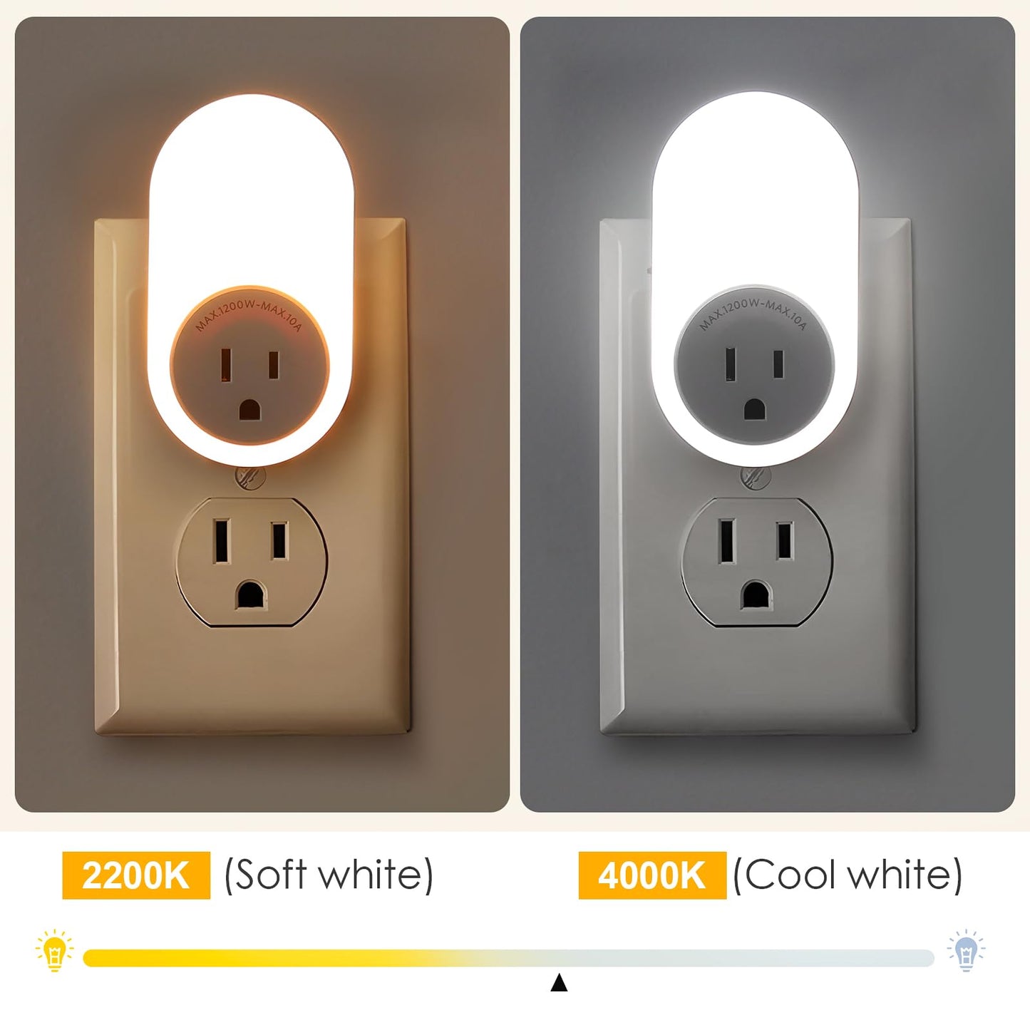 Dawnrise Night Lights Plug Into Wall,Dusk to Dawn Sensor Night Light with Power Outlet,CCT 2700K/4000K,5/20LM Adjustable Brightness for Bedroom,Kitchen,Living Room,Office,2PK