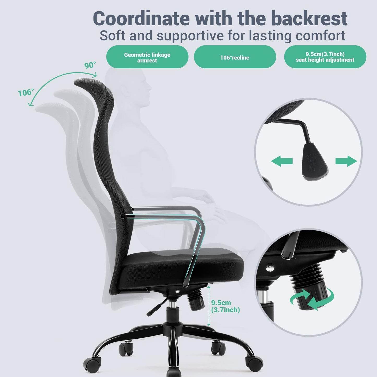 SIHOO M101C Ergonomic Office Chair-High Back Mesh Office Chair, Big and Tall Office Chair Lumbar Support, Comfortable Large Seat Cushion, Computer Desk Chair for Home Office, Black