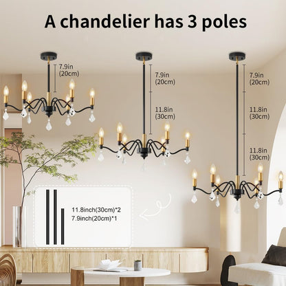 6-Light Black and Gold Chandelier with Crystal Decoration - Perfect for Farmhouse and Dining Room Lighting Fixtures