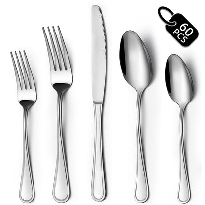 BEWOS 60-Piece Silverware Set, Stainless Steel Silverware Sets for 12, Forks Spoons and Knives Set, Cutlery Set, Mirror Polished Flatware Set, Dishwasher Safe Kitchen Utensils Set for Home, Restaurant