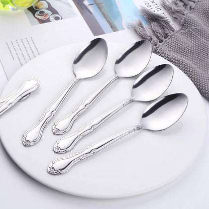 QIBOORUN 12-Piece Stainless Steel Dinner Spoons with Flower Edge, Stainless Steel Dinner Spoons Set, Table Spoon Dessert Spoons for Home, Kitchen or Restaurant - 7.3 Inches, Silver