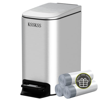 KSSKSS Small Bathroom Trash Can with Soft Close Lid, 6 Liter / 1.6 Gallon Stainless Steel Garbage Can with Removable Inner Bucket, Step Pedal, Slim Wastebasket for Bedroom, Home Office (Silver)