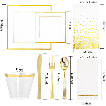 Festiva 176Pcs Gold Plates Disposable - Square Party Plates and Cups and Napkins Sets :Dinner Plates, Dessert Plates,Cups,Plastic Cutlery,Hand Napkins 1Tablecloth for Party&Wedding&Christmas