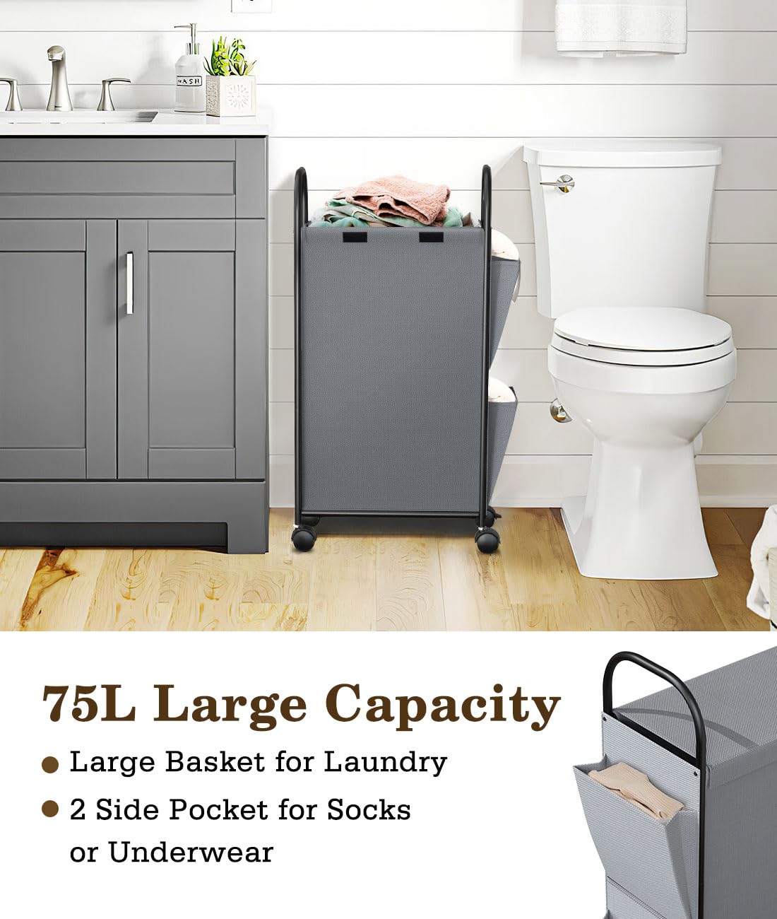 Luxspire 75L Rolling Laundry Hamper with Lid