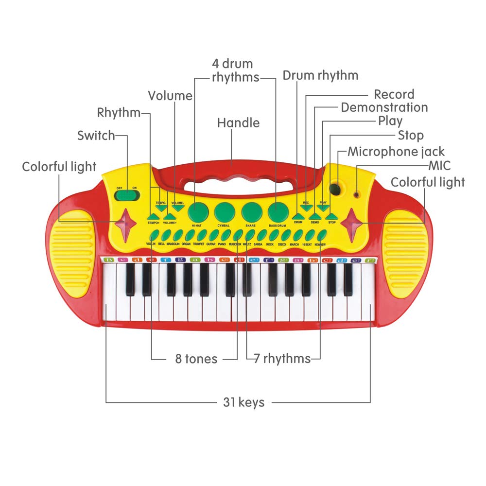 Kids Piano Keyboard Toys 31 Keys,Electronic Piano for Beginners,3 4 5 6 7 8 Years Old Toddler Girl Boy Gift,Musical Instrument, w/Microphone,Multiple Sounds,Stool,Recordings,Note Stickers - Red