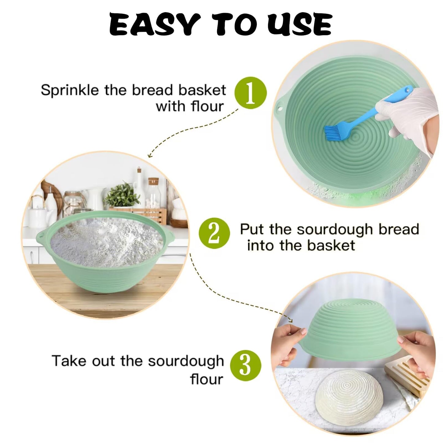 Upgraded Silicone Sourdough Bread Proofing Baskets - Including steel rings, Sourdough Starter Kit, 9 Inch Round Foldable Sourdough Baking Basket (Green)
