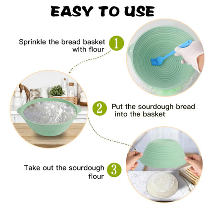 Upgraded Silicone Sourdough Bread Proofing Baskets - Including steel rings, Sourdough Starter Kit, 9 Inch Round Foldable Sourdough Baking Basket (Green)