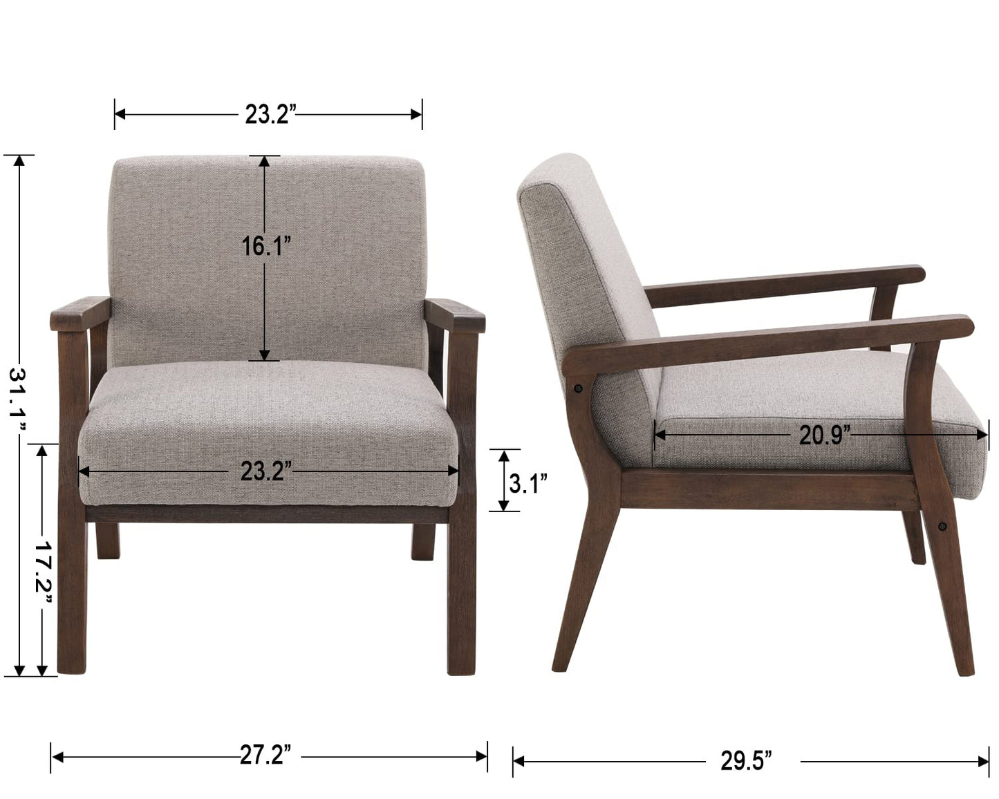 HNY Mid Century Armchair with Hardwood Frames, Linen Upholstered Living Room Chair, for Living Room Bedroom, Light Grey