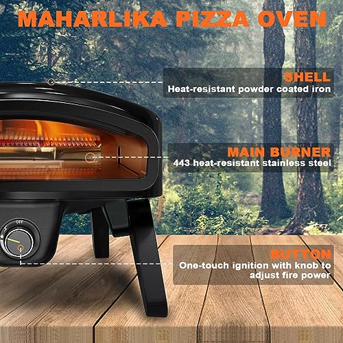 Maharlika Gas Pizza Oven Outdoor 14" Pizza Oven with Built-In Thermometer, Portable Propane Pizza Oven Stainless Steel with Stone, Griddle, Pizza Peel, Turner, Cutter, Carry Bag for Outdoor Kitchen