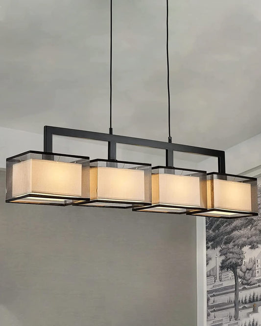 7PMBEANE Modern Rectangular Chandelier Hanging Light Fixture 4 Lights with Fabric Lampshade Adjustable for Dining Living Room Restaurant (Black)