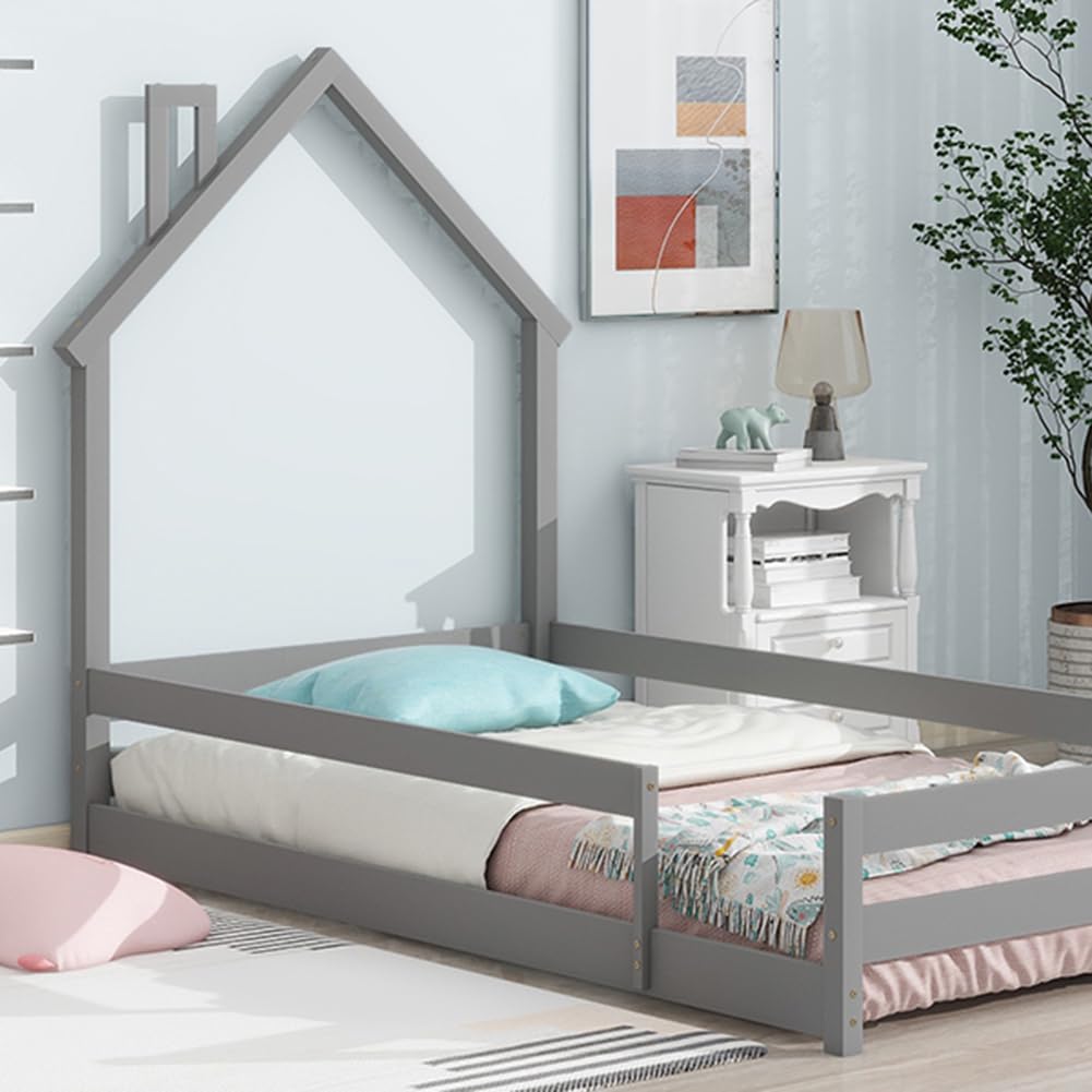 Pine Wood Twin Floor Bed Frame with Guardrails
