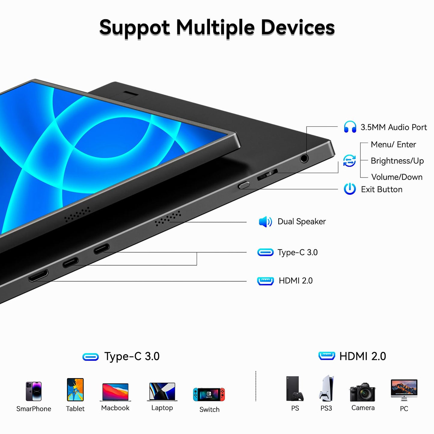 WUAWE 15.6'' Portable Monitor with USB-C & HDMI