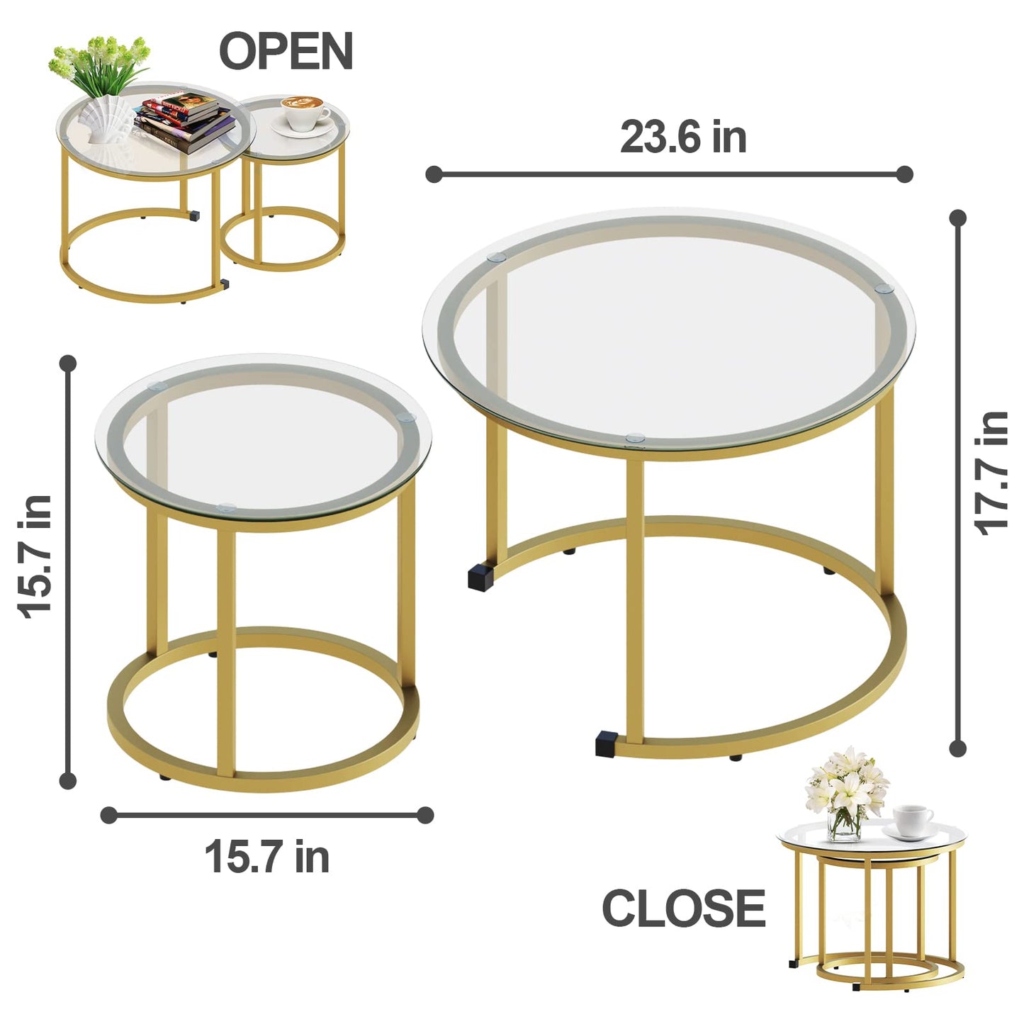 aboxoo Gold Nesting Coffee Table Set of 2, Small Glass Nesting Tables for Living Room Bedroom, Accent Tea Table with Metal Frame Modern Industrial Simple