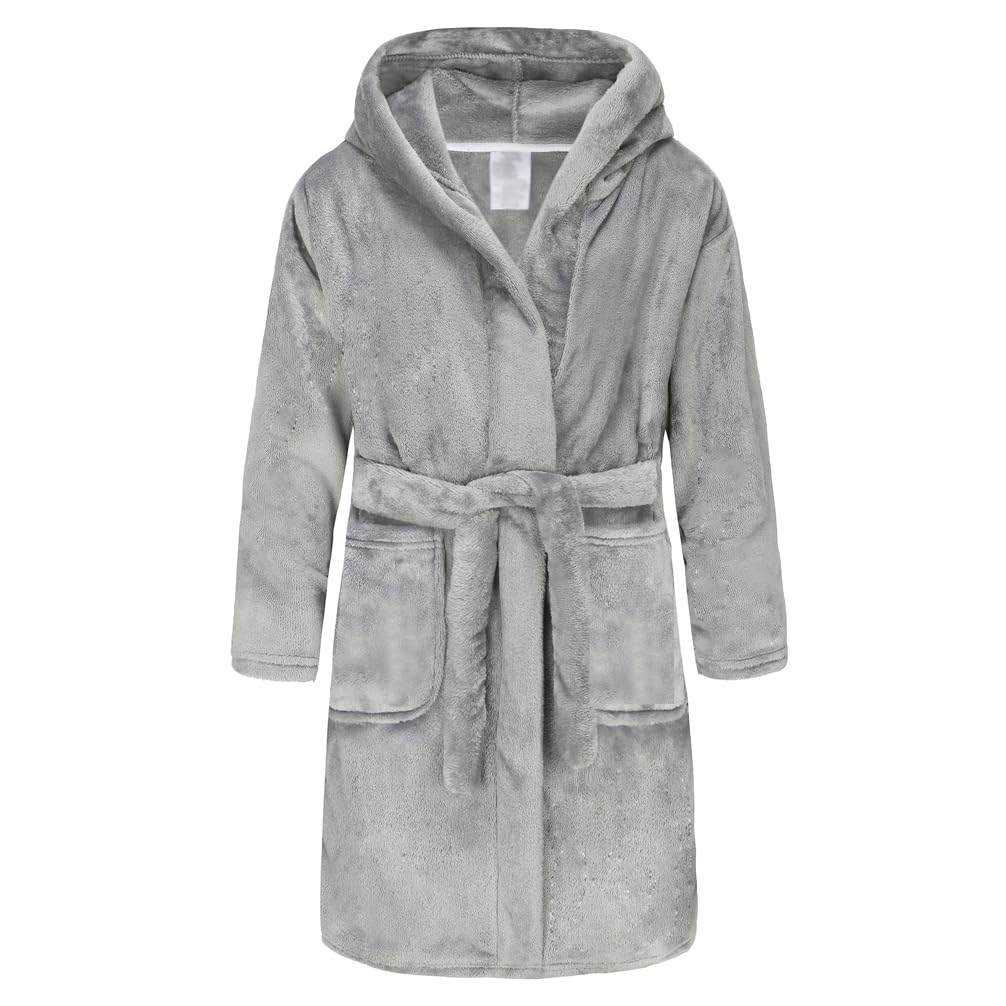 RUOGU Kids Bathrobe Hooded Plush Fleece Robe for Girls Boys Grey 5-6 Years