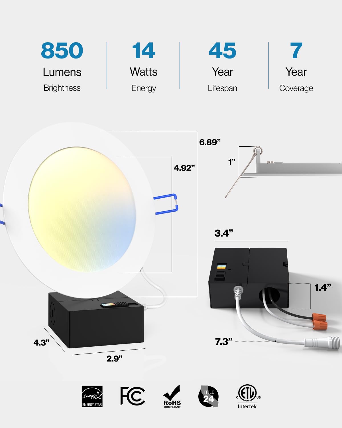 Sunco 20 Pack 6 Inch Ultra Thin LED Recessed Ceiling Lights Slim Selectable 2700K, 3000K, 4000K, 5000K, 6000K, Dimmable 14W, Canless Wafer Thin with Jbox