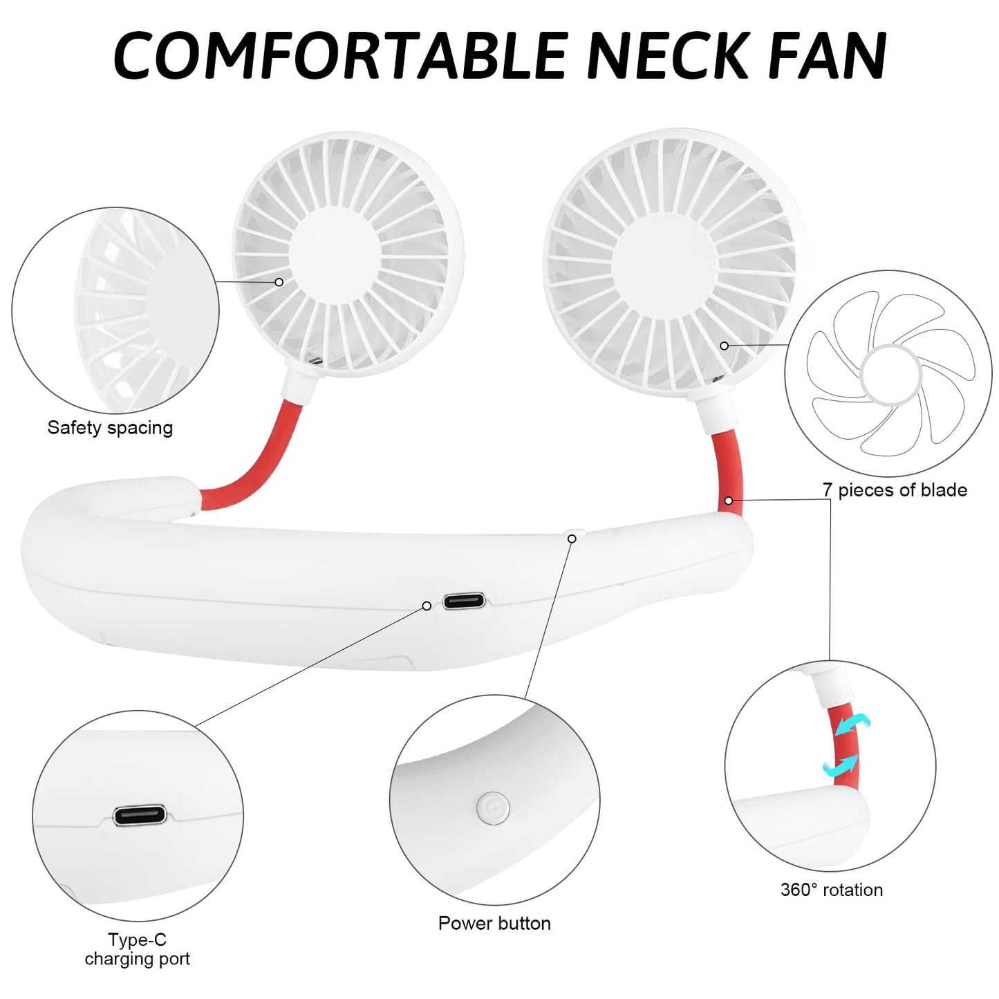 Portable Neck Fan with Rechargeable Battery - White