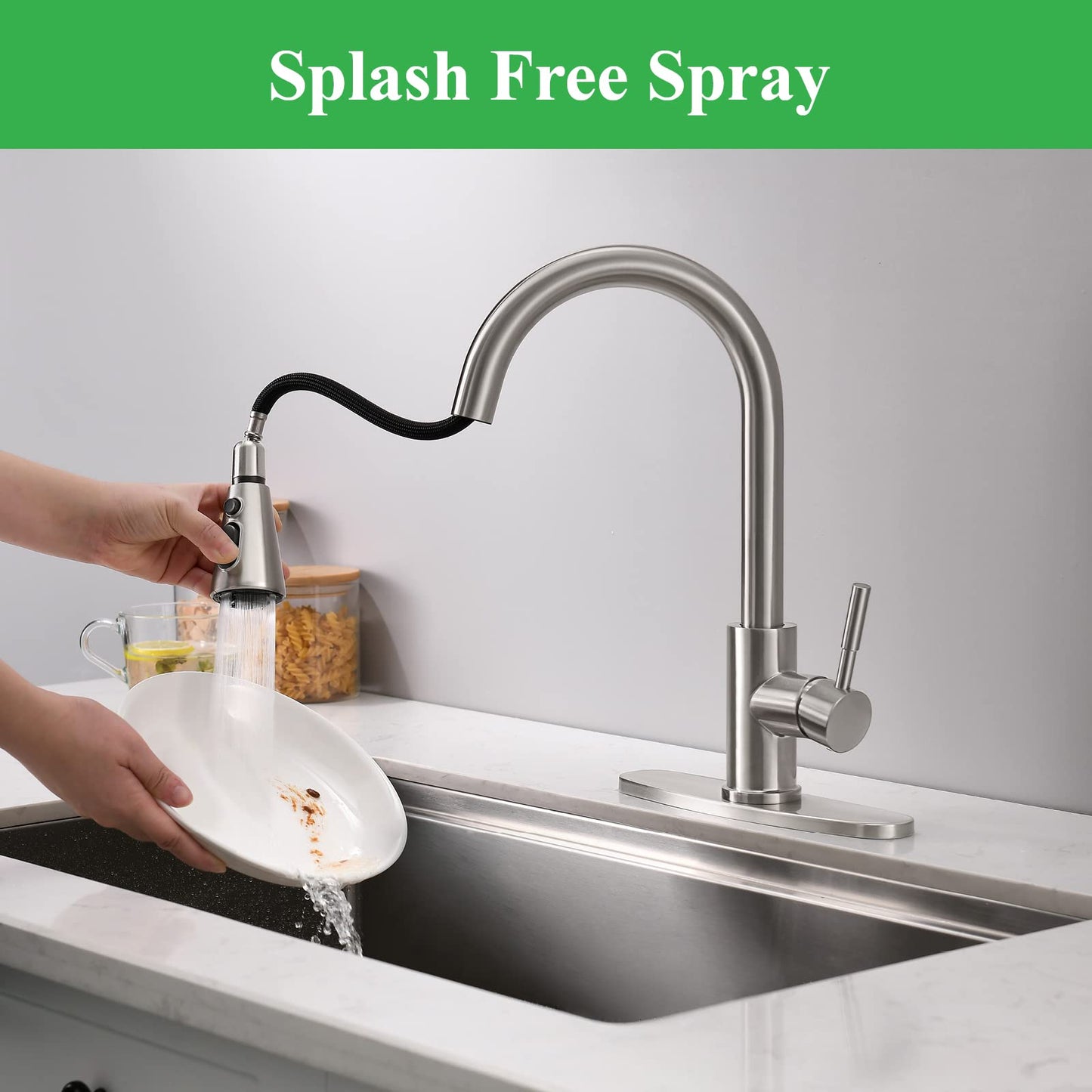 Kitchen Faucet, Splash Proof, Kitchen Sink Faucet, Faucet, Kitchen Faucet Pull Down, Faucet with Sprayer, Bar Faucet, Splash Proof, Nanometer Water Mode, Stainless Steel, Brushed PVD, PAKING PB1046