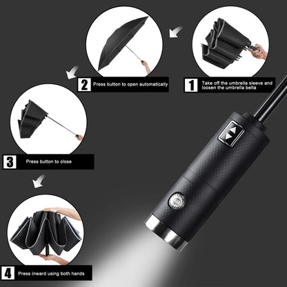 Lejorain Folding Reverse LED Umbrella - Upside Down Reflective Umbrella Compact Inverted Travel Windproof Umbrella Auto Open Close for Rain
