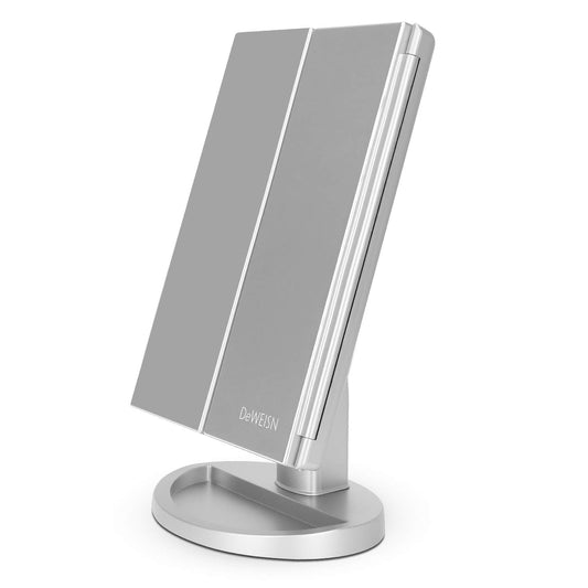 deweisn Tri-Fold Lighted Vanity Tabletop Mount Mirror with 21 LED Lights, Touch Screen and 3X/2X/1X Magnification, Two Power Supply Modes Make Up Mirror,Travel Mirror 10.83" H x 6.3" W