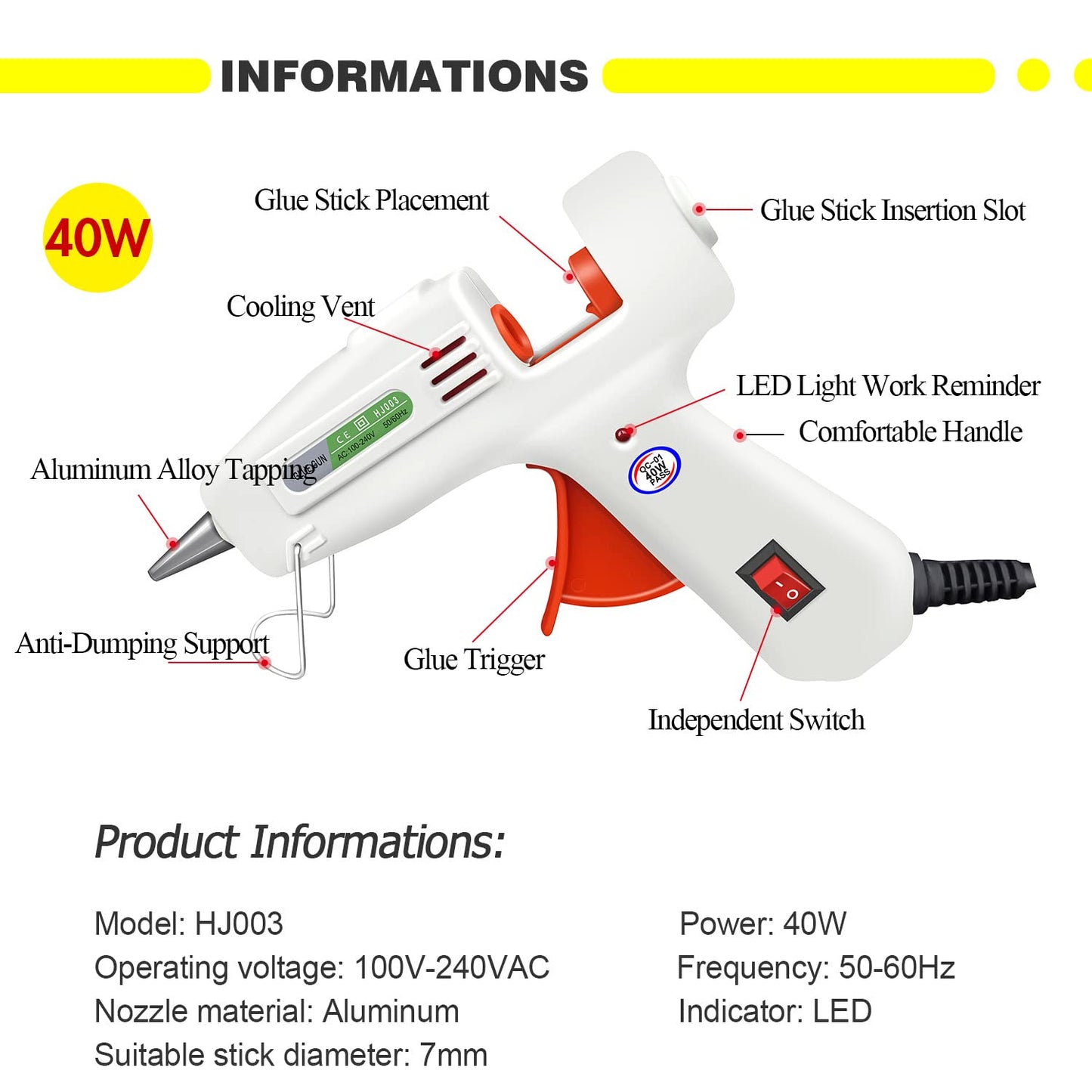 Hot glue gun kit, with 10 transparent glue sticks, 10 black glue sticks, 6 colored glue sticks, carving knife with 5 cutting heads, two pointed tweezers, 40W fast preheating glue gun