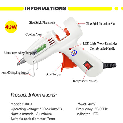 Hot glue gun kit, with 10 transparent glue sticks, 10 black glue sticks, 6 colored glue sticks, carving knife with 5 cutting heads, two pointed tweezers, 40W fast preheating glue gun