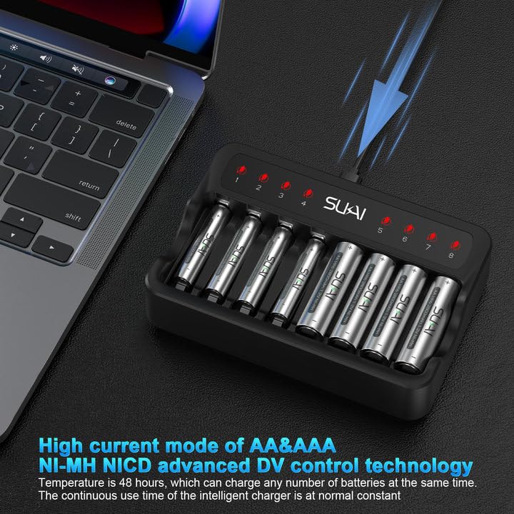 SUKAI 8-Bay Smart Battery Charger with Batteries