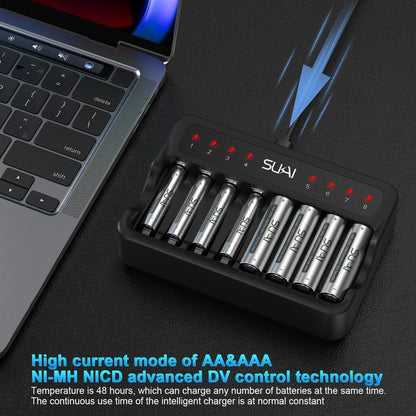 SUKAI 8-Bay Smart Battery Charger with Batteries