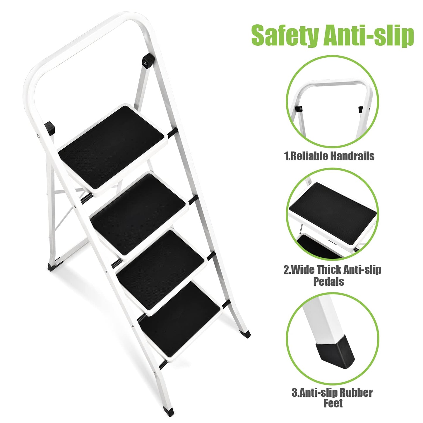 Soctone Step Ladder 4 Step Folding with Anti-Slip Pedal, Lightweight 4 Step Ladder with Handrails, 330 lbs Capacity Perfect for Kitchen & Household, White
