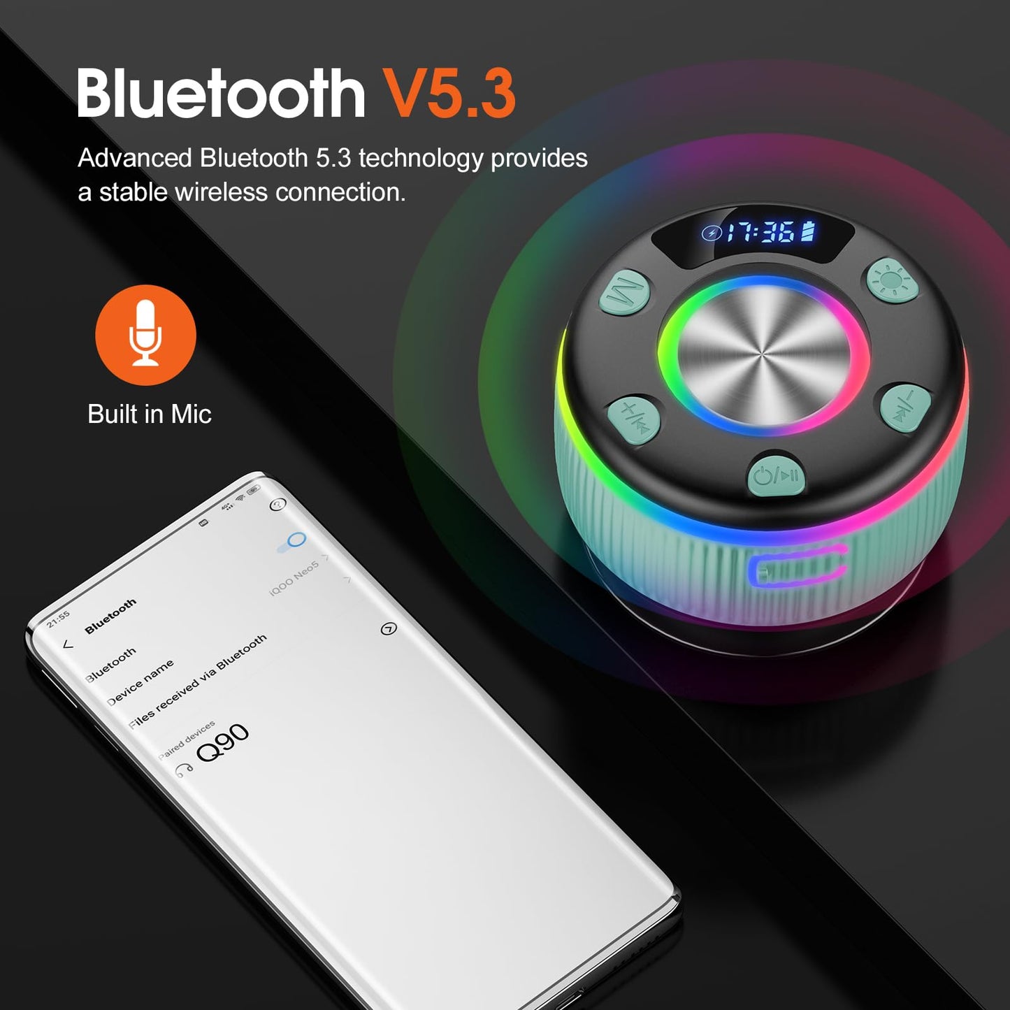 Bluetooth Shower Speaker with RGB Light & Suction Cup