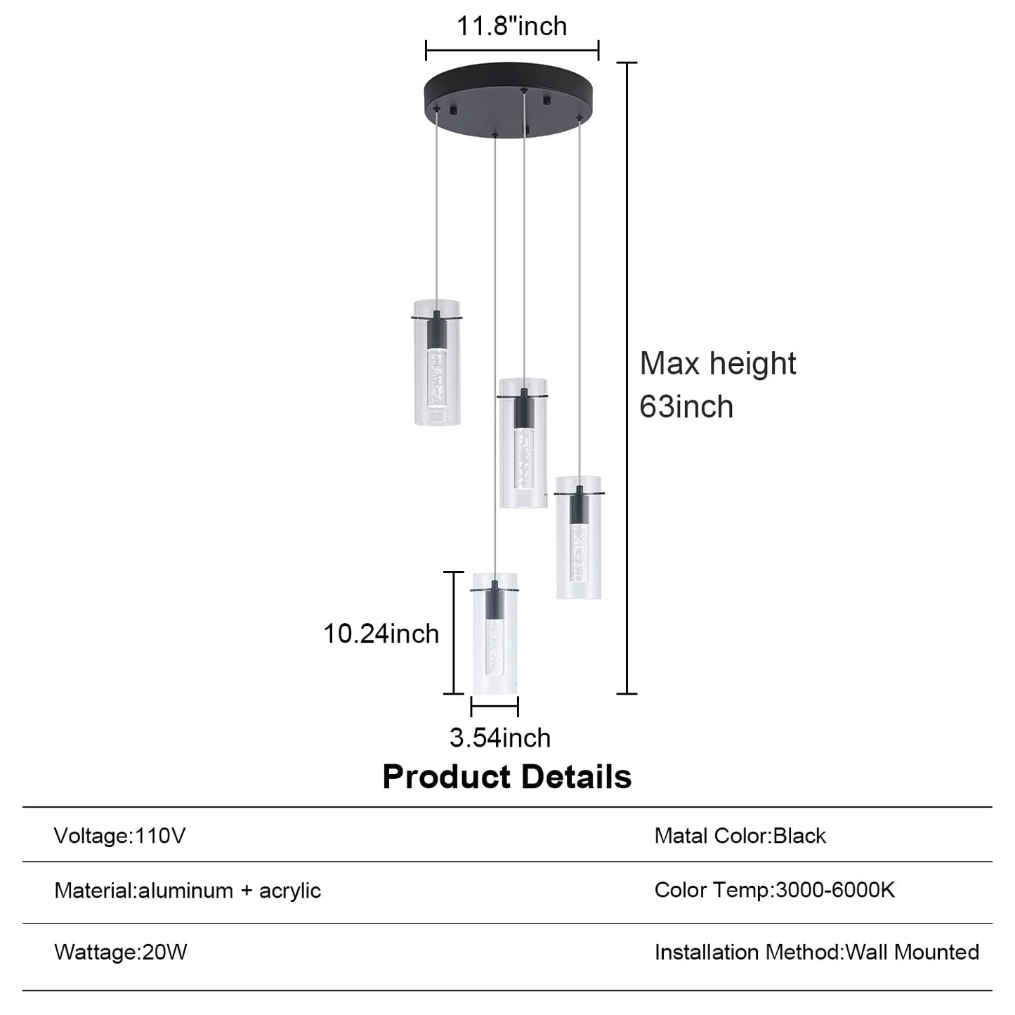 BESTWEST Black Pendant Light, Modern Pendant Light Kitchen Island Pendant Light Fixtures, Modern Island Light with Bubble for Kitchen, Dimmable Kitchen Chandelier Light Fixture (20W, 4-Light)