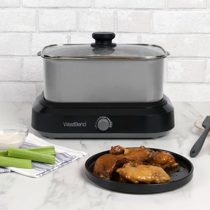 West Bend 87905 Slow Cooker Large Capacity Non-stick Vessel with Variable Temperature Control Includes Travel Lid and Thermal Carrying Case, 5-Quart, Silver