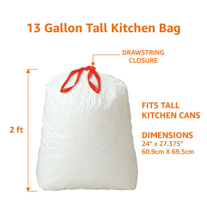 Amazon Basics Tall Kitchen Drawstring Trash Bags, Clean Fresh Scent, 13 Gallon, 200 Count, Pack of 1