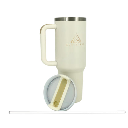 Aurelisse 40 oz Tumbler with Handle Lid and Straw Leak proof Insulated Vacuum Quencher H2.0 Water Bottle Tumblers Reusable Stainless Steel Large Travel Cup Mug Gifts (Cream White)
