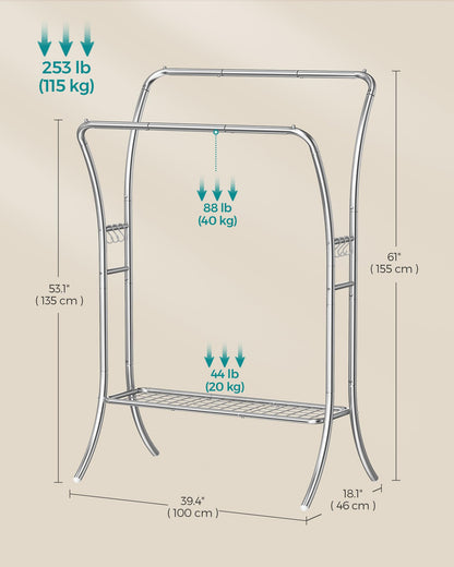 SONGMICS Clothes Rack, Clothing Rack with Shelfs, Garment Racks Heavy Duty, Double Rod Clothes Rack with 6 Hooks, Clothes Storage and Display, for Living Room, Bedroom, Silver UHSR109E01