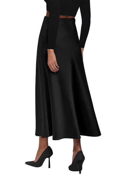 KIRUNDO Women's High Waisted Satin Midi Skirt