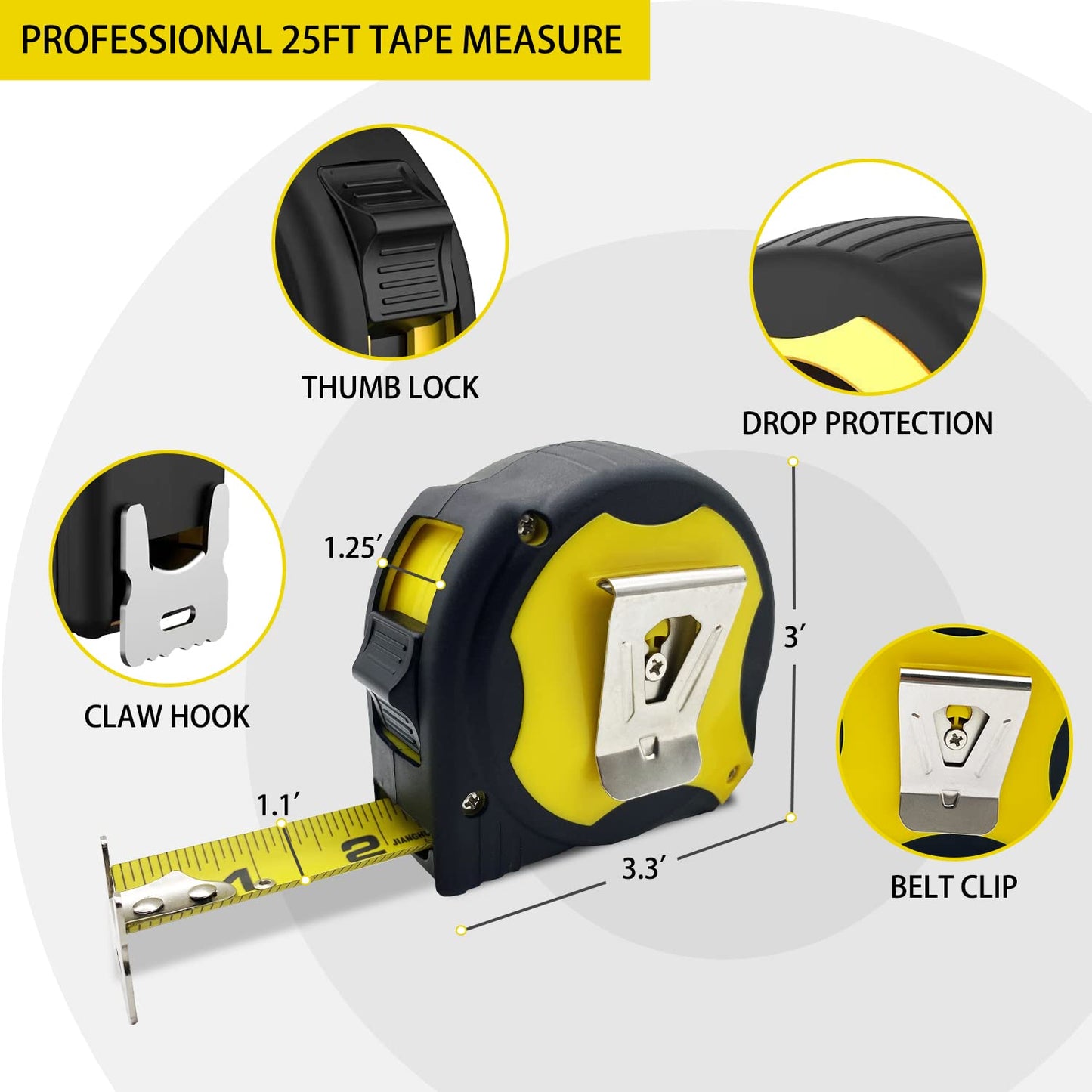 JIANGHUA Tape Measure 25FT, Retractable Measuring Tape with Fractions 1/8, Heavy-Duty Measurement Tape with Rubber Protective Casing, Both Side, Easy to Read for Construction, Carpenter, Surveyors
