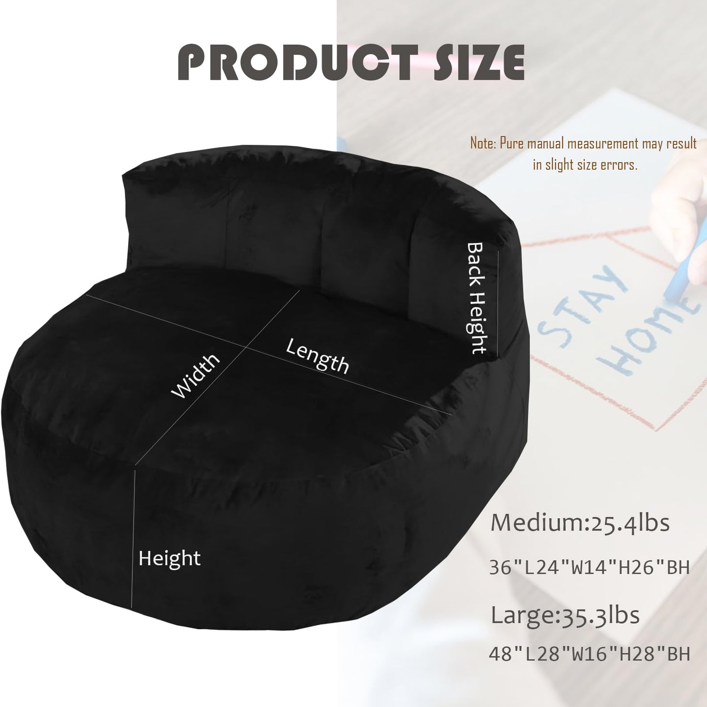 Large Black Bean Bag Chair with Memory Foam