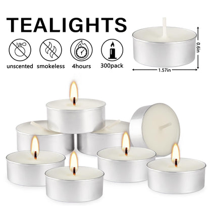 White Unscented Tealight Candles Set of 300 Bulk,Small Votive Light Candle for Home Wedding, Paraffin Cotton Wick,Clean Burning & Smokeless 4 Hour Burn Time