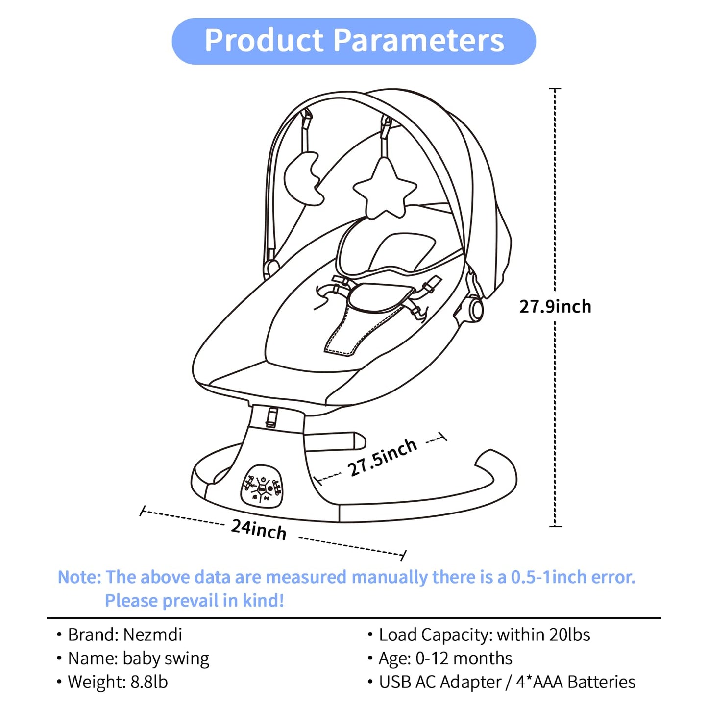 Baby Swing, Baby Bouncer, Electric Rocker for Infants to Toddler, Remote Control, 5 Levels Speed, 3 Seat Positions, Breathable Mesh, Adapter/Battery Operated, Indoor & Outdoor Portable Travel Gray