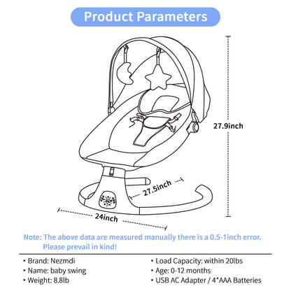 Baby Swing, Baby Bouncer, Electric Rocker for Infants to Toddler, Remote Control, 5 Levels Speed, 3 Seat Positions, Breathable Mesh, Adapter/Battery Operated, Indoor & Outdoor Portable Travel Gray