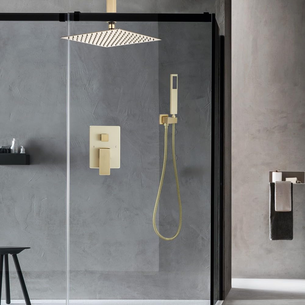 JingGang 10 Inch Ceiling Mounted Shower System Rain Mixer Shower Combo Set Rainfall Shower Head System ‎Brushed Gold Shower Faucet Rough-in Valve Body and Trim Included