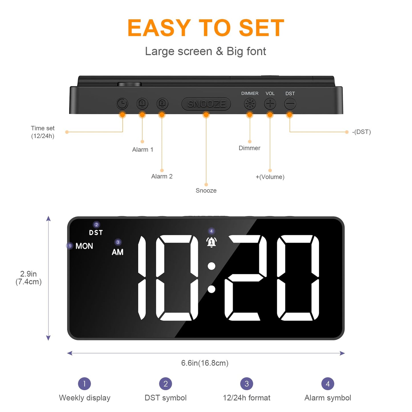 JXTZ 7-Inch LED Digital Alarm Clock with Alarms