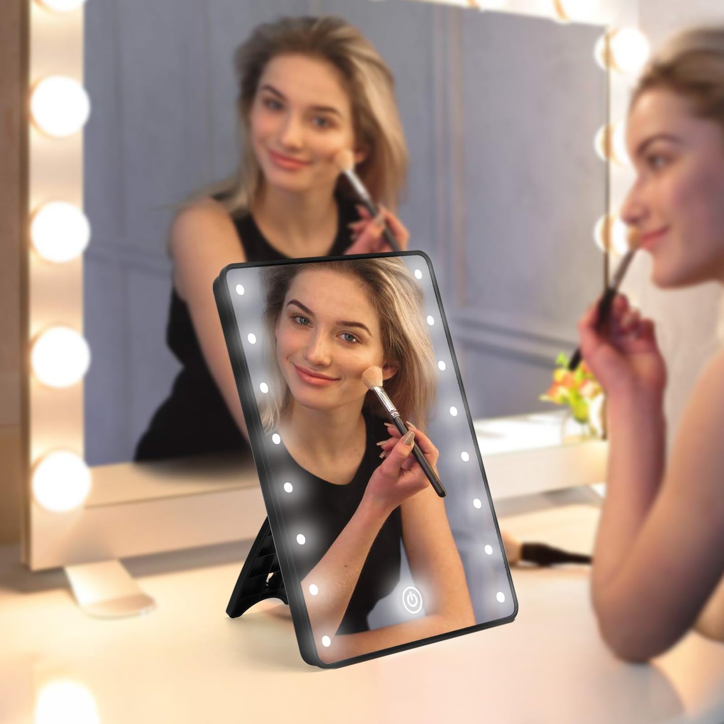 Vanity Makeup Mirror with Lights, Touch Dimming Screen 16 LED Lighted Vanity Travel Portable Mirror, Black Cosmetic Tabletop Wall Mirror Gifts for Mothers, Mom, Wife, Women, Girl