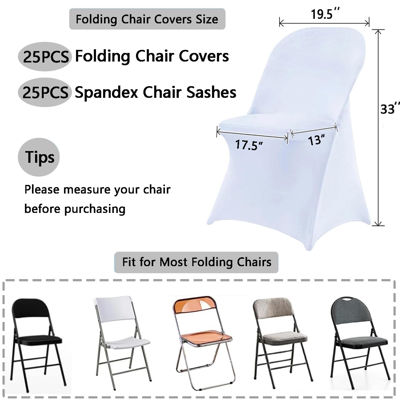 25 Sets Spandex Folding Chair Covers with Sashes Set