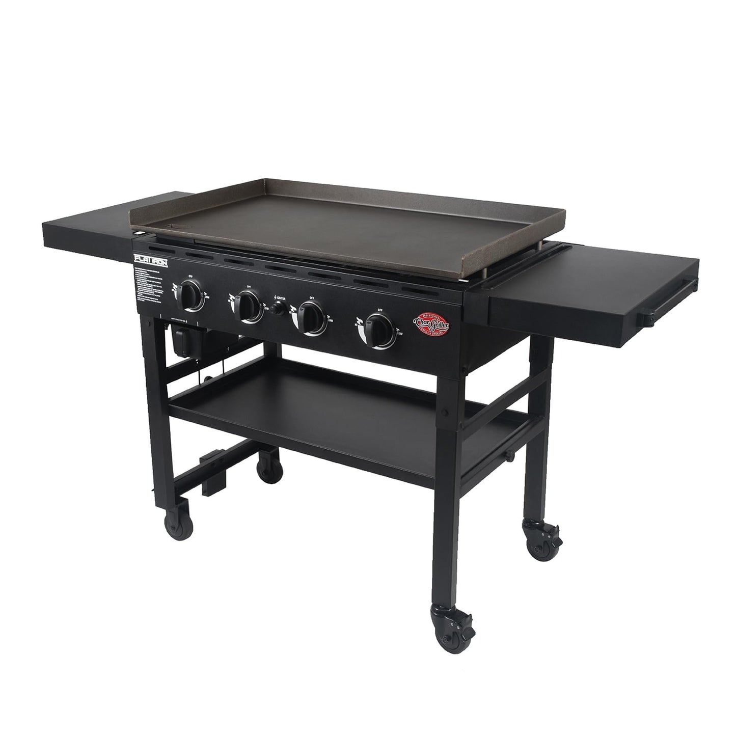Char-Griller® Flat Iron 4-Burner Propane Gas Flat-Top Griddle with Steel Griddle Top, Wind Guards and Removable Lid, 775 Cooking Square Inches in Black, Model 8036