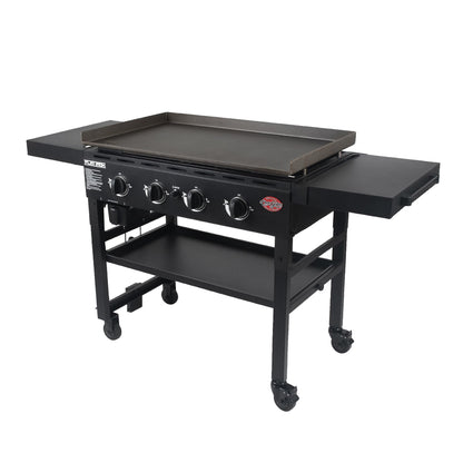 Char-Griller® Flat Iron 4-Burner Propane Gas Flat-Top Griddle with Steel Griddle Top, Wind Guards and Removable Lid, 775 Cooking Square Inches in Black, Model 8036