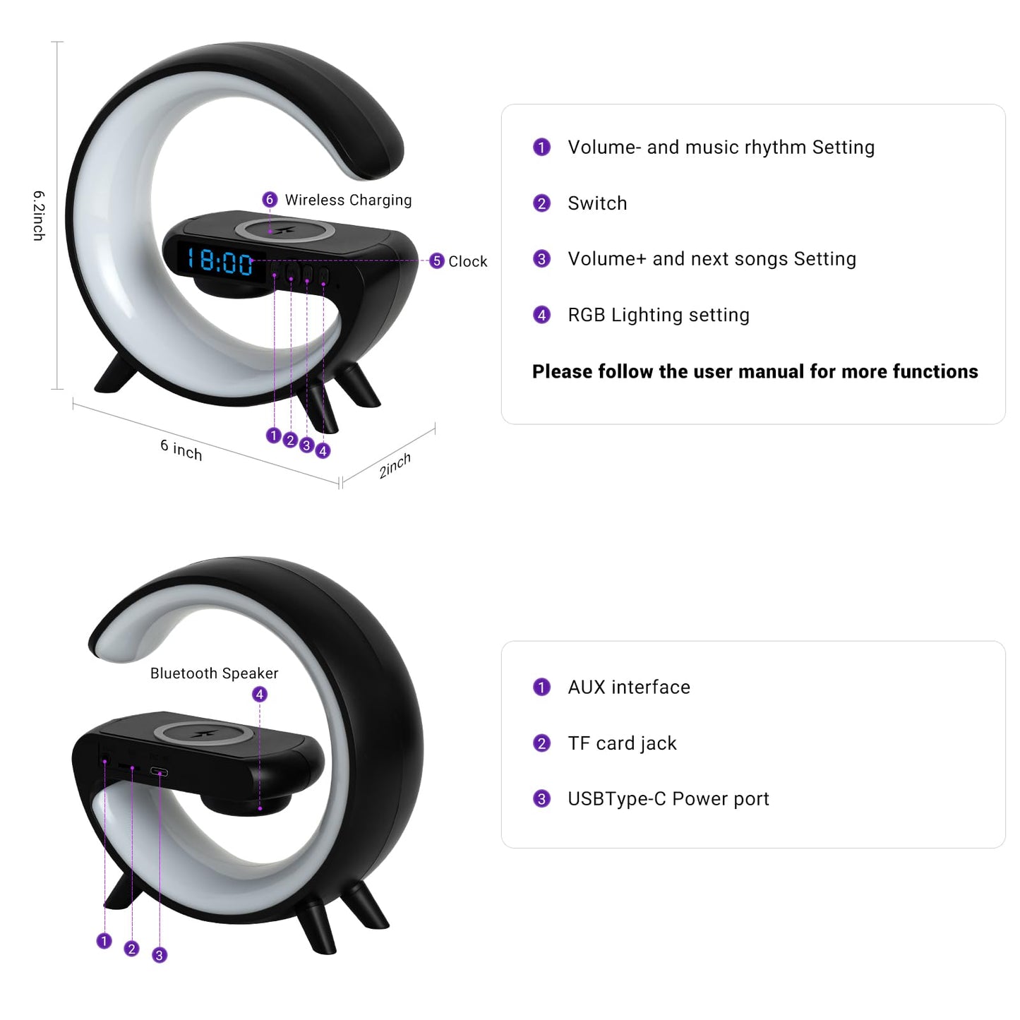 ZOOPEEN Mini G Type Wireless Charging Atmosphere Lamp with Bluetooth Speaker Alarm Clock Night Light 10W Wireless Charger Speaker for Bedside Lamp Ambient Lighting for Christmas Gift(Black)