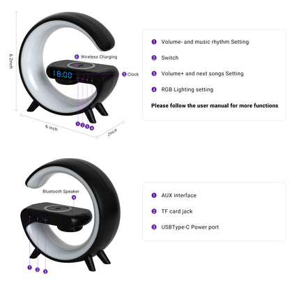 ZOOPEEN Mini G Type Wireless Charging Atmosphere Lamp with Bluetooth Speaker Alarm Clock Night Light 10W Wireless Charger Speaker for Bedside Lamp Ambient Lighting for Christmas Gift(Black)