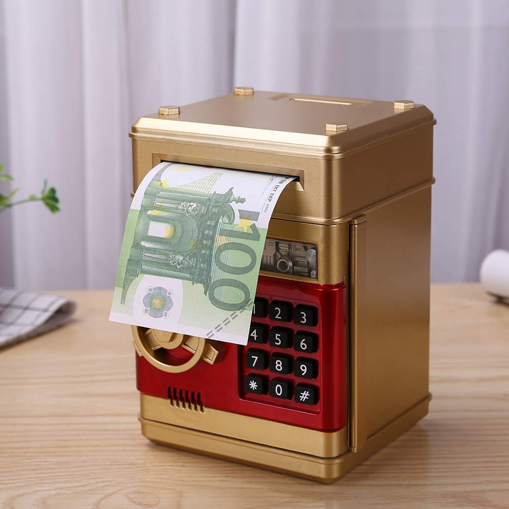 Piggy Bank Cash Coin Can Password Electronic Kids Money Bank Safe Saving Box ATM Bank Safe Locks Smart Voice Prompt Money Piggy Box Great Gift for Any Child (Gold)