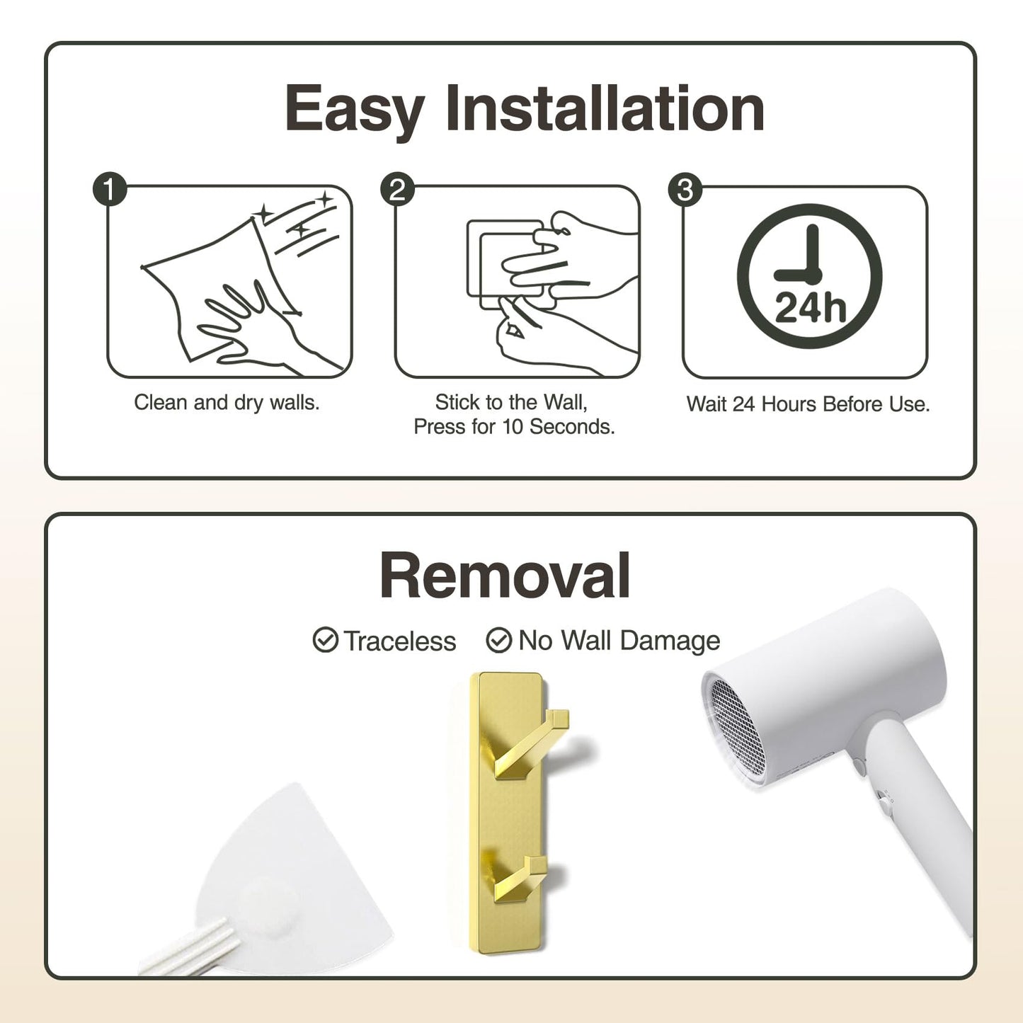 susswiff 6 Pack Gold Adhesive Hooks, Sticky Hooks Extra Strong,Heavy Duty Stick On Wall Door Hooks for Hanging,Bathroom Tower Hooks,Coat Hooks Robe Hook Wall Mounted, Kitchen Hallway Hooks,Stainless